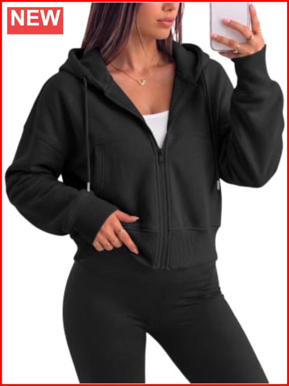 Cropped Zip Up Hoodie Drop Shoulder Cotton Polyester Sweatshirt Casual